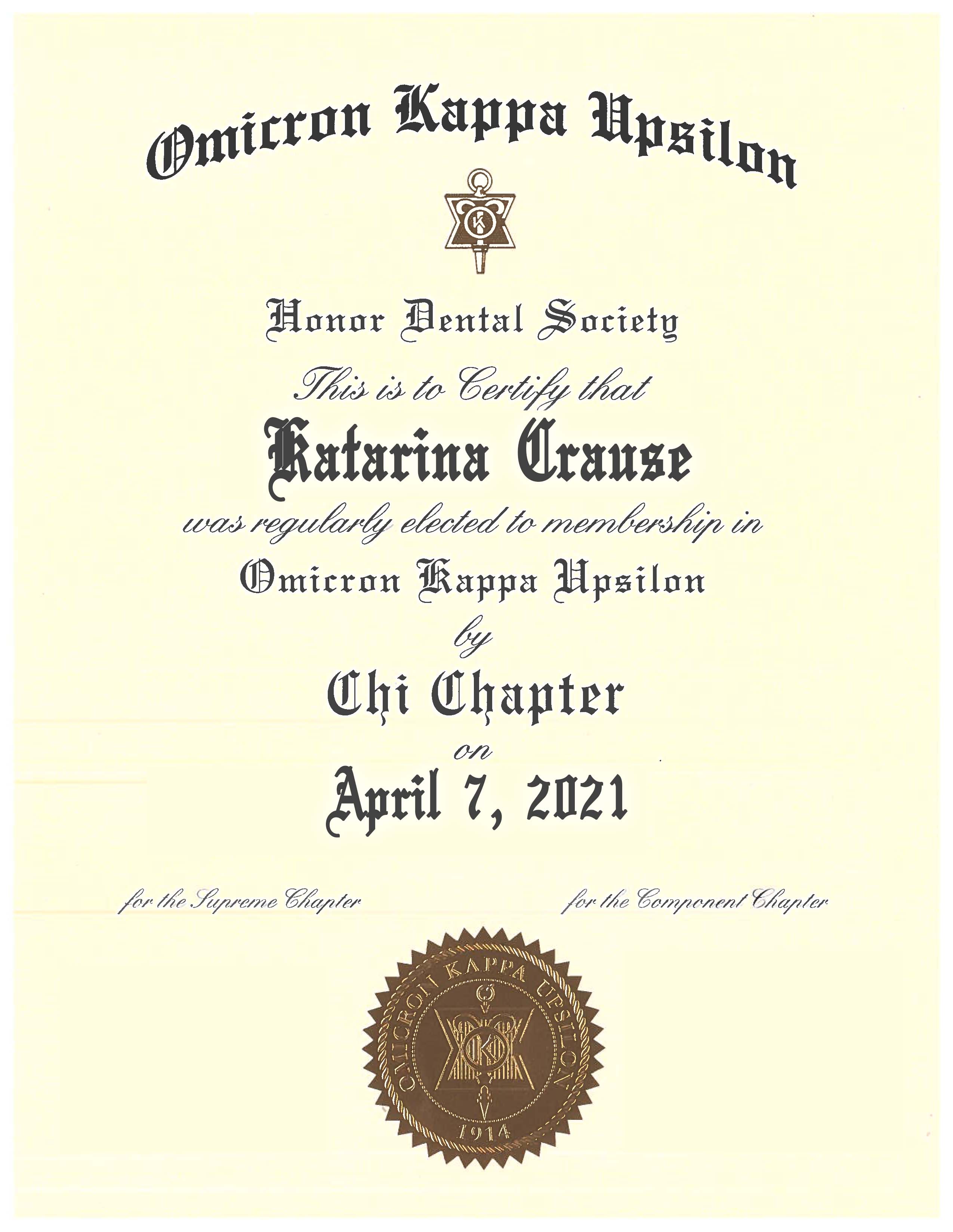 crause certificate